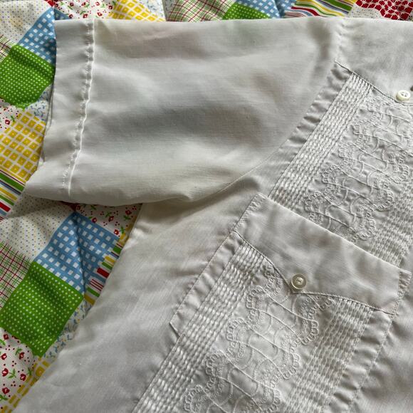 Vintage‎ 70s White Guayabera Shirt Short Sleeve Mexican // Size Medium - Picture 3 of 4